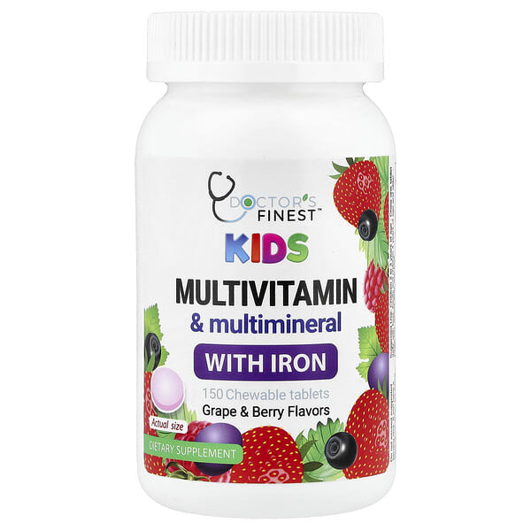 Doctor's Finest, Хүүхдийн Мультивитамин & Мультиэрдэс — Төмөр, Grape & Berry, 150 зажилдаг шахмал