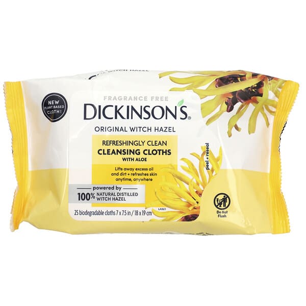 Dickinson Brands, Original Witch Hazel, Refreshingly Clean Cleansing Cloths, Fragrance Free, 25 Cloths