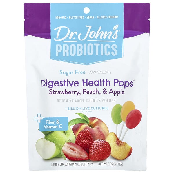Dr. John's Healthy Sweets, Пробиотик, Digestive Health Pops™, + Эслэг & Витамин C, Strawberry, Peach & Apple, 14 Individually Wrapped Lollipops, 3.85 oz (109 g)