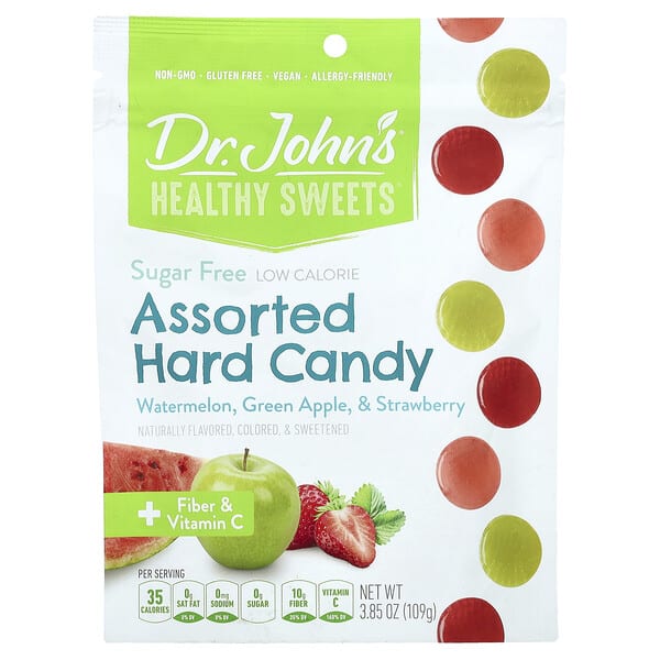 Dr. John's Healthy Sweets, Assorted Hard Candy, + Эслэг & Витамин C, Watermelon, Green Apple, & Strawberry, 3.85 oz (109 g)