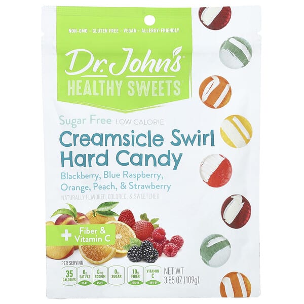 Dr. John's Healthy Sweets, Creamsicle Swirl Hard Candy, Blackberry, Blue бөөрөлзгөнө, Orange, Peach, & Strawberry, элсэн чихэргүй, 3.85 oz (109 g)