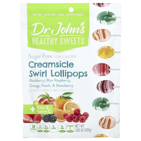 Dr. John's Healthy Sweets, Creamsicle Swirl Lollipops, Blackberry, Blue бөөрөлзгөнө, Orange, Peach, & Strawberry, элсэн чихэргүй, 3.85 oz (109 g)