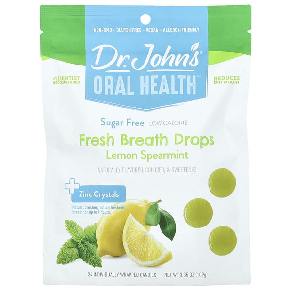 Dr. John's Healthy Sweets, Oral Health™, Fresh Breath Drops, + Zinc Crystals, Lemon Spearmint, элсэн чихэргүй, 24 Individually Wrapped Candies, 3.85 oz (109 g)