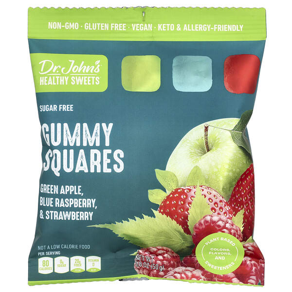 Dr. John's Healthy Sweets, Gummy Squares, элсэн чихэргүй, Green Apple, Blue бөөрөлзгөнө, & Strawberry, 1.8 oz (50 g)