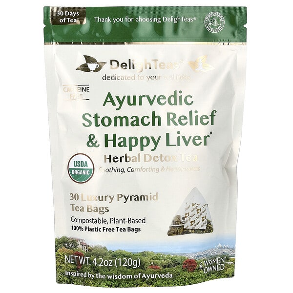 DelighTeas, Ayurvedic Stomach Relief & Happy Liver, Herbal Detox Tea, Caffeine Free, 30 Luxury Pyramid Tea Bags, 4.2 oz (120 g)