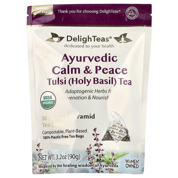 DelighTeas, Ayurvedic Calm & Peace Tulsi (Holy Basil) Tea, Caffeine Free, 30 Luxury Pyramid Tea Bags, 3.2 oz (90 g) (Discontinued Item)