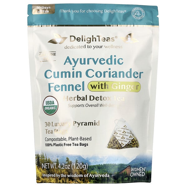 DelighTeas, Ayurvedic Cumin Coriander Fennel With Ginger, Herbal Detox Tea, Caffeine Free, 30 Luxury Pyramid Bags, 4.2 oz (120 g)