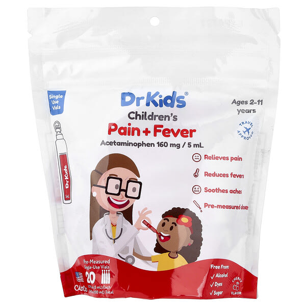 DrKids, Children's Pain + Fever, Ages 2-11 Years, Cherry, 20 Pre-Measured Single-Use Vials, 0.17 fl oz (5 ml) тус бүр