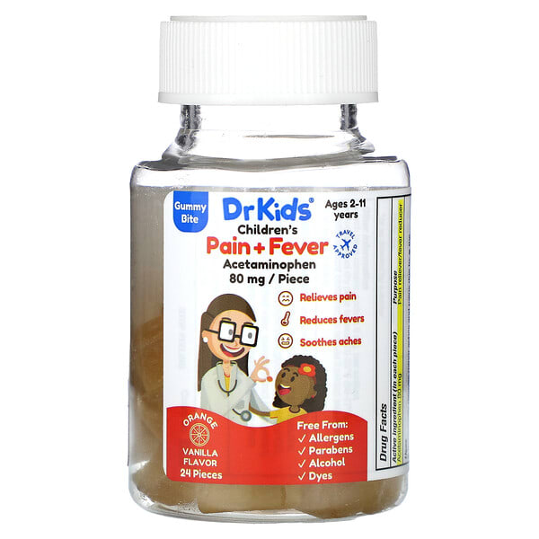 DrKids, Children's Pain + Fever Gummy Bite, Ages 2-11 Years, Orange Vanilla, 24 чихэр