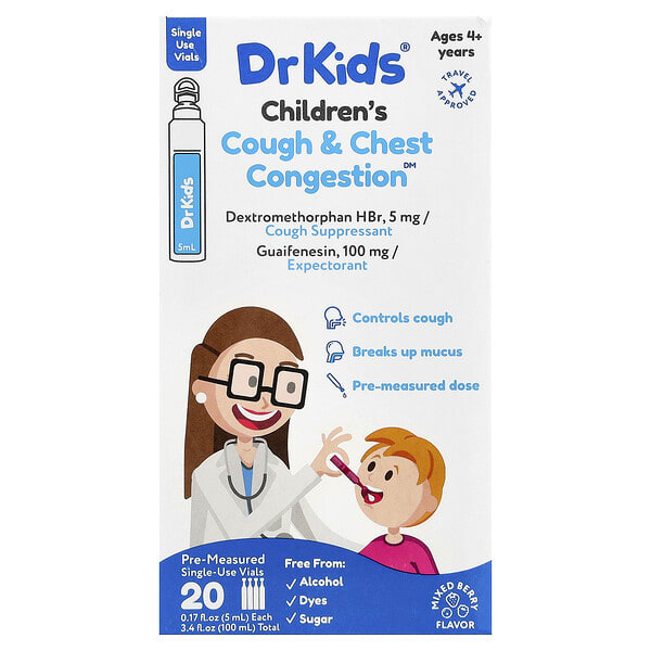 DrKids, Children's Cough & Chest Congestion, Ages 4+ Years, Mix Berry, 20 Single-Use Vials, 0.17 fl oz (5 ml) тус бүр