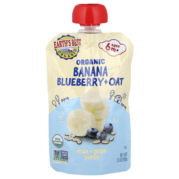 Earth's Best, Organic Fruit + Grain Puree, 6+ Months, Banana Blueberry & Oat, 3.5 oz (99 g)