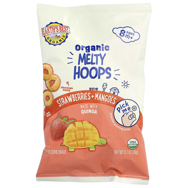 Earth's Best, Organic Melty Hoops, Puffed Corn Snack, 8+ Months, Strawberries + Mangoes, 0.7 oz (20 g) (Discontinued Item)