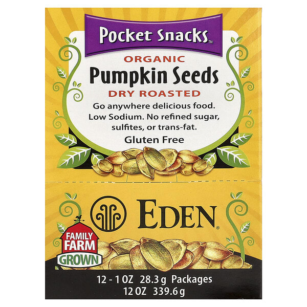 Eden Foods, Pocket Snacks™, органик Pumpkin үр, Dry Roasted, 12 Packages, 1 oz (28.3 g) Each