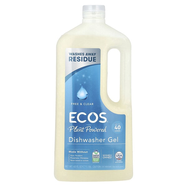 Earth Friendly Products, Ecos®, Plant Powered Dishwasher Gel, Free & Clear, 40 fl oz (1.18 L)