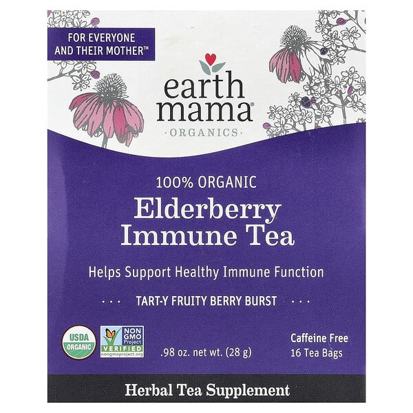 Earth Mama, органикs, 100% Organic Elderberry Immune Tea, Tart-Y Fruity Berry Burst, Caffeine Free, 16 Tea Bags, 0.98 oz (28 g)