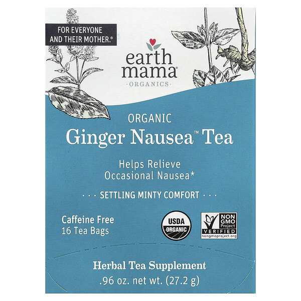 Earth Mama, органикs, Organic Ginger Nausea™ Tea, Settling Minty Comfort, Caffeine Free, 16 Tea Bags, 0.96 oz (27.2 g)