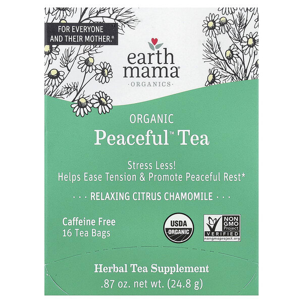 Earth Mama, органикs, Organic Peaceful™ Tea, Relaxing Citrus Chamomile, Caffeine Free, 16 Tea Bags, 0.87 oz (24.8 g)