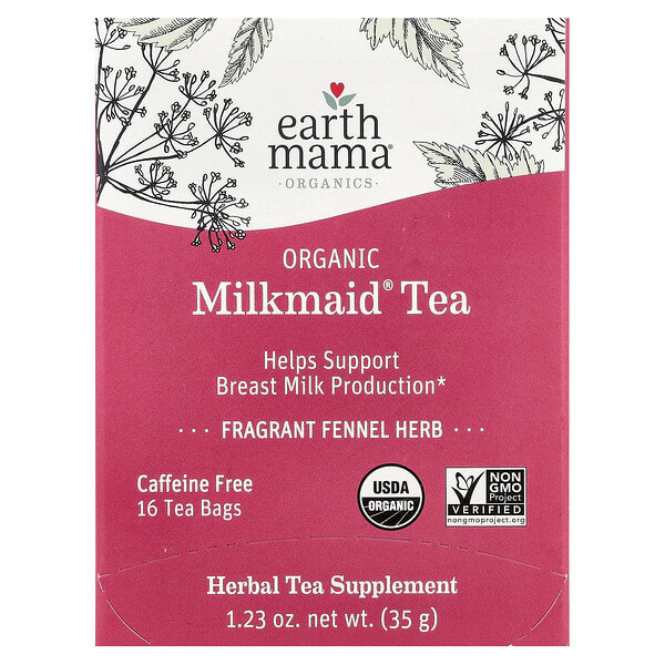 Earth Mama, органикs, Organic Milkmaid® Tea, Fragrant Fennel Herb, Caffeine Free, 16 Tea Bags, 1.23 oz (35 g)