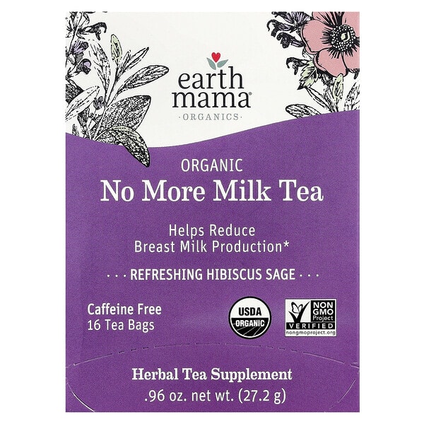 Earth Mama, органикs, Organic No More Milk Tea, Refreshing Hibiscus Sage, Caffeine Free, 16 Tea Bags, 0.96 oz (27.2 g)