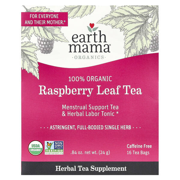Earth Mama, органикs, 100% Organic Raspberry Leaf Tea, Caffeine Free, 16 Tea Bags, 0.84 oz (24 g)