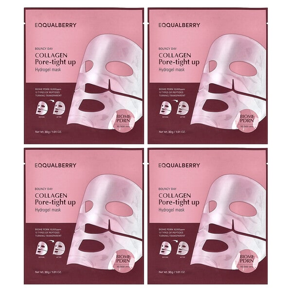 EQQUALBERRY, Bouncy Day, Collagen Pore-Tight Up, Hydrogel Beauty Mask, 4 Sheets, 1.01 oz (30 g) Each (Discontinued Item)