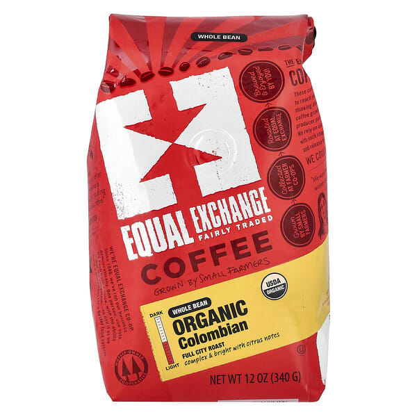 Equal Exchange, Organic Coffee, Colombian, бүтэн Bean, Full City Roast, 12 oz (340 g)