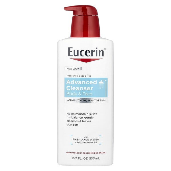 Eucerin, Body & Face, Advanced Cleanser, Normal to Dry, Sensitive Skin, Fragrance Free, 16.9 fl oz (500 ml)