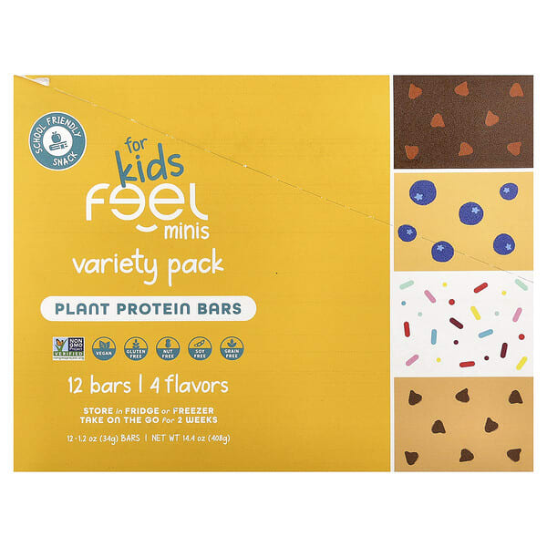 The Feel Bar, Minis Plant Protein Bars, For Kids, Variety Pack, 12 Bars, 1.2 oz (34 g) Each
