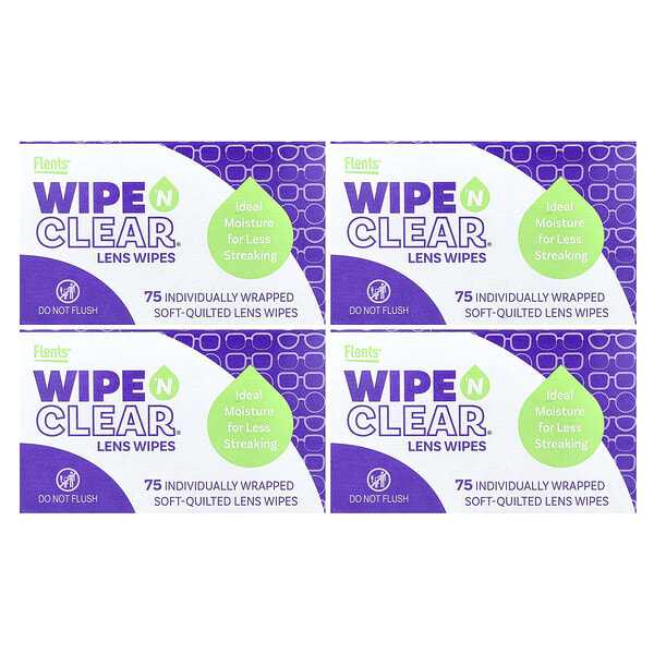 Flents, Wipe 'N Clear, Lens Wipes, 4 Boxes, 75 Individually Wrapped Soft-Quilted Lens Wipes (Discontinued Item)