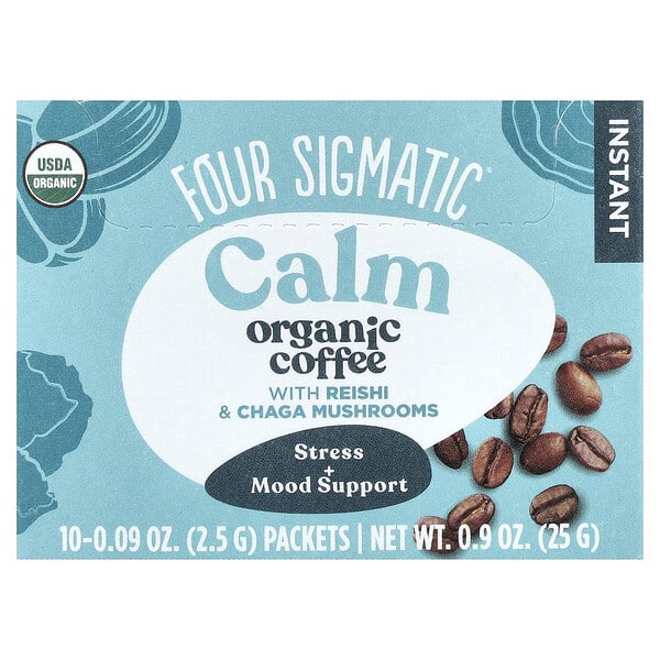 Four Sigmatic, Instant Organic Coffee with Reishi & Chaga Mushrooms, Calm, Medium Roast, 10 Packets, 0.09 oz (2.5 g) Each