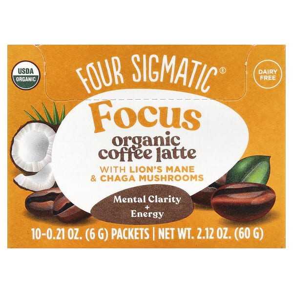Four Sigmatic, Focus, Organic Coffee Latte with Lion's Mane & Chaga Mushrooms, 10 Packets, 0.21 oz (6 g) тус бүр