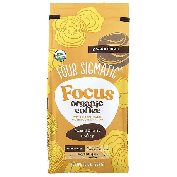 Four Sigmatic, Focus, Organic Coffee with Lion's Mane Mushroom & Yacon, бүтэн Bean, Dark Roast, 10 oz (283 g)