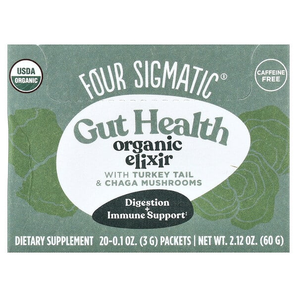 Four Sigmatic, Gut Health Organic Elixir, With Turkey Tail & Chaga Mushrooms, Caffeine Free, 20 Packets, 0.1 oz (3 g) Each