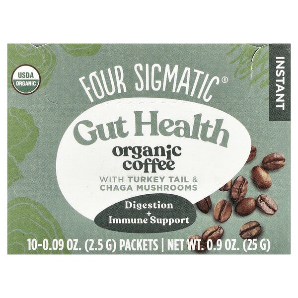 Four Sigmatic, Gut Health, Organic Instant Coffee with Turkey Tail & Chaga Mushrooms, Medium Roast, 10 Packets, 0.09 oz (2.5 g)