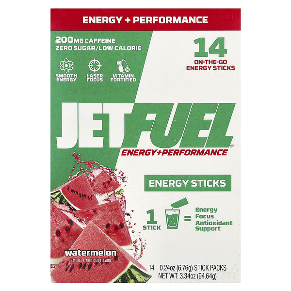 GAT, JetFuel®, Energy + Performance, Energy Sticks, Watermelon, 14 савтай нунтаг, 0.24 oz (6.76 g) Each