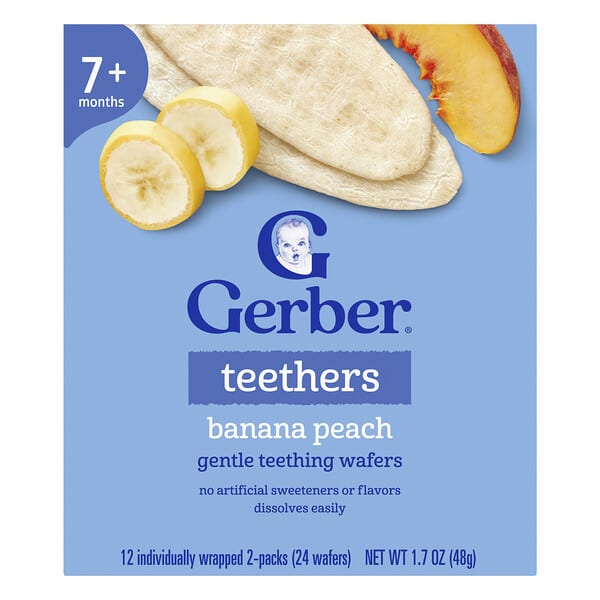 Gerber, Teethers, Gentle Teething Wafers, 7+ Months, Banana Peach, 12 Individually Wrapped 2-Packs, 0.14 oz (4 g) тус бүр