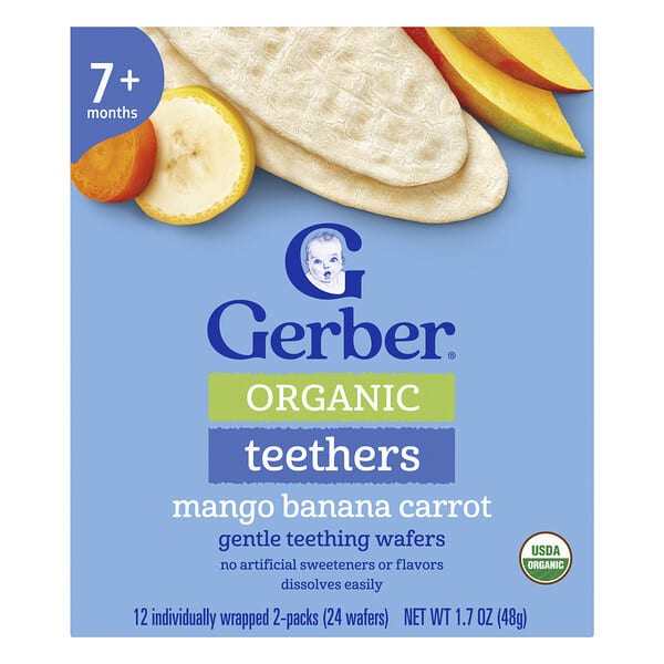 Gerber, Organic Teethers, Gentle Teething Wafers, 7+ Months, Mango Banana Carrot, 12 Individually Wrapped 2-Packs, 0.14 oz (4 g) тус бүр