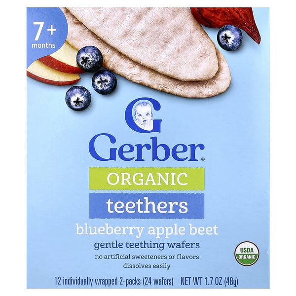Gerber, Organic Teethers, Gentle Teething Wafers, 7+ Months, Blueberry Apple Beet, 12 Individually Wrapped 2-Packs, 0.14 oz (4 g) тус бүр