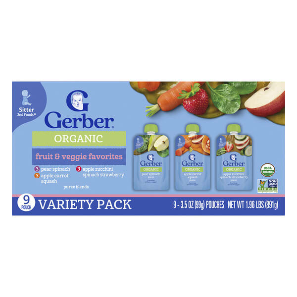 Gerber, Organic Puree Blends, Variety Pack, 2nd Foods®, Fruit & Veggie Favorites, 9 Pouches, 3.5 oz (99 g) Each