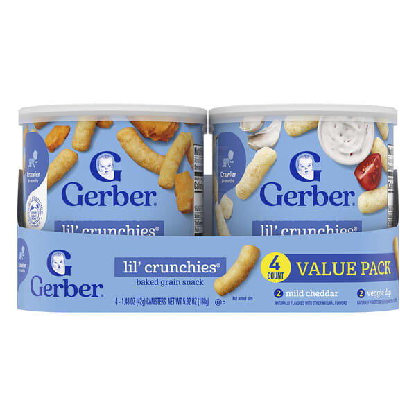 Gerber, Lil' Crunchies®, Baked Grain Snack, 8+ Months, Mild Cheddar and Veggie Dip, 4 Canisters, 1.48 oz (42 g) Each