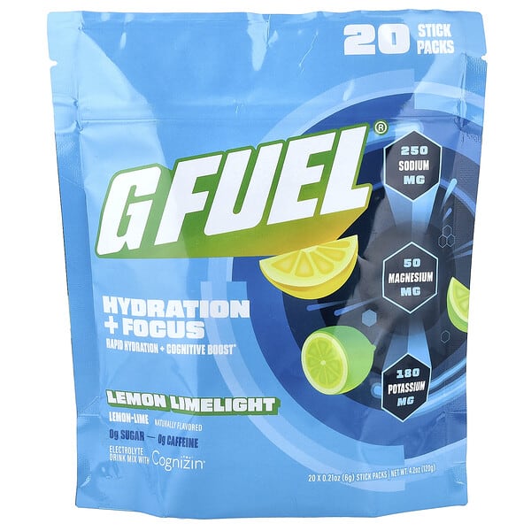 G FUEL, Hydration + Focus, Electrolyte Drink Mix with Cognizin®, Lemon Limelight, 20 Stick Packs, 0.21 oz (6 g) тус бүр
