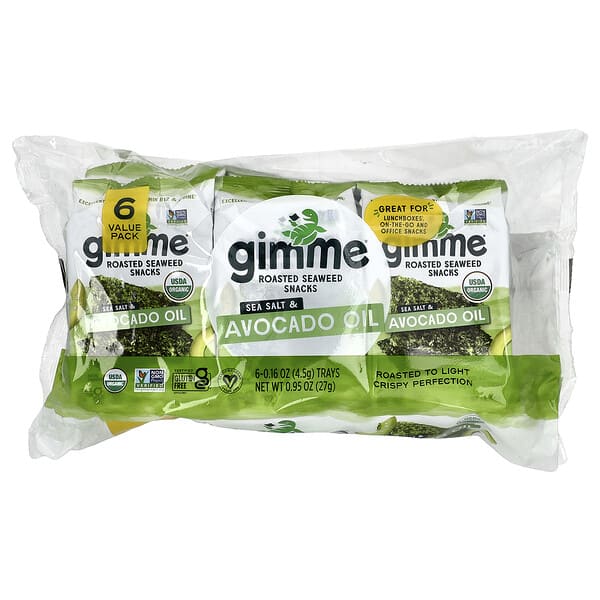 gimMe, Roasted Seaweed Snacks, Sea Salt & Avocado Oil, 6 Trays, 0.16 oz (4.5 g) Each