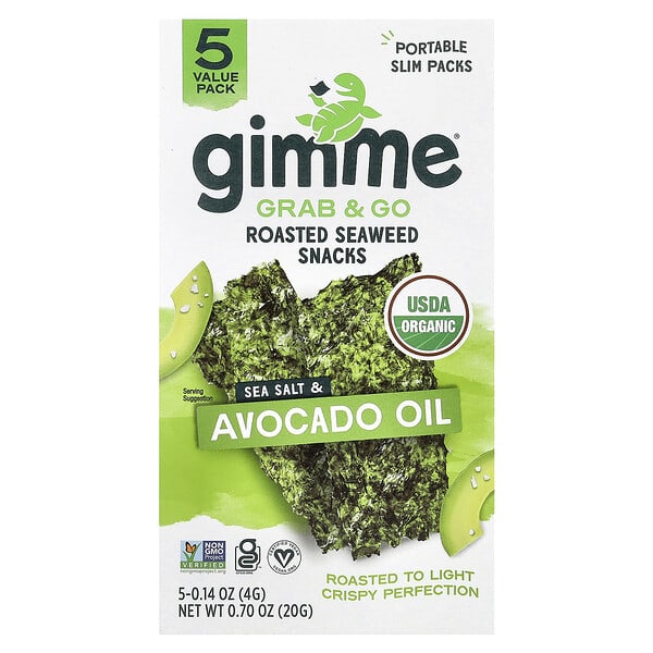 gimMe, Grab & Go Roasted Seaweed Snacks, Sea Salt & Avocado Oil, 5 Pack, 0.14 oz (4 g) тус бүр