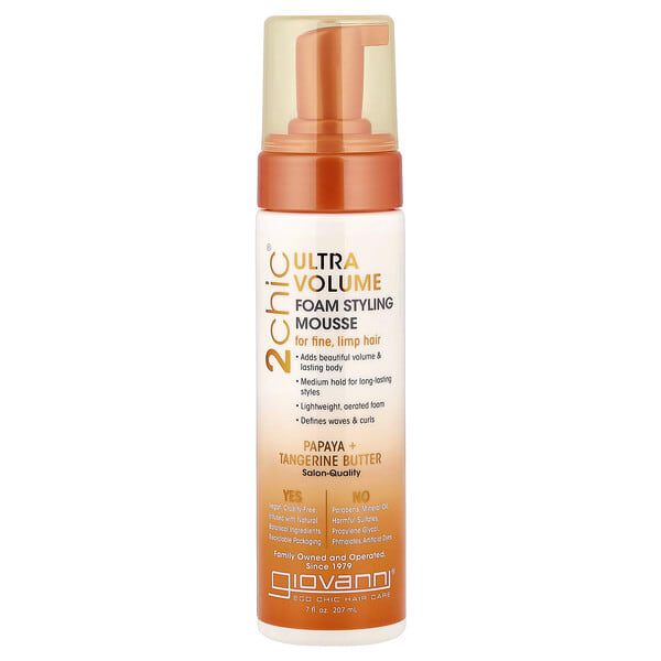 Giovanni, 2chic®, Ultra-Volume Foam Styling Mousse, For Fine, Limp Hair, Papaya + Tangerine Butter, 7 fl oz (207 ml)