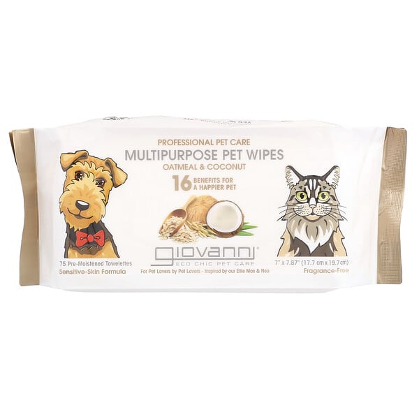 Giovanni, Professional Pet Care, Multipurpose Pet Wipes, For Dogs ба Cats, Oatmeal & Coconut, Fragrance-Free, 75 Pre-Moistened Towelettes (Discontinued Item)