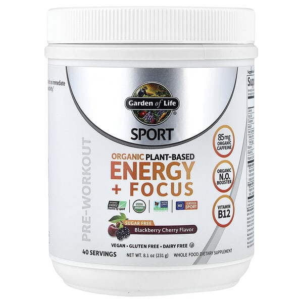 Garden of Life, Sport, органик Plant-Based Energy + Focus, Pre-Workout, Blackberry Cherry, 8.1 oz (231 g)