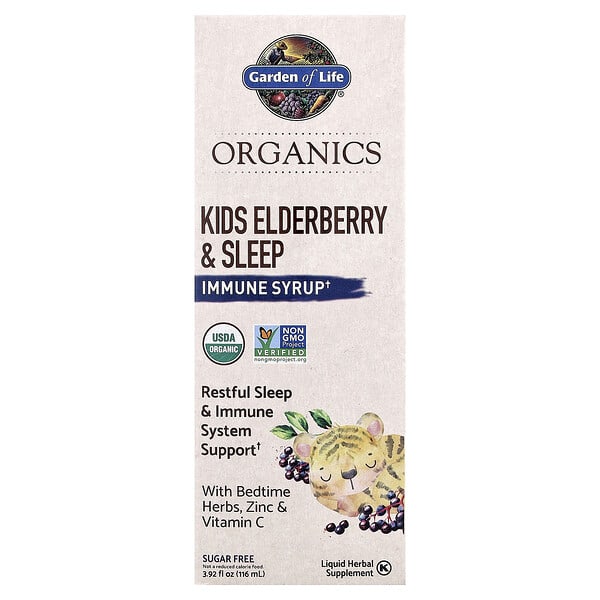 Garden of Life, органикs, Хүүхдийн Бузны жимс & Sleep, Immune Syrup — Bedtime Herbs, Цайр & Витамин C, 3.92 fl oz (116 ml)