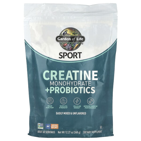 Garden of Life, Sport, креатин моногидрат + Пробиотик, амтгүй, 12.27 oz (348 g)