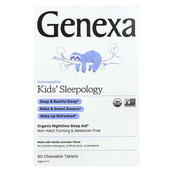 Genexa, Kids' Sleepology, Organic Nighttime Sleep Aid, Ages 3-11, Vanilla Lavender, 60 зажилдаг шахмал