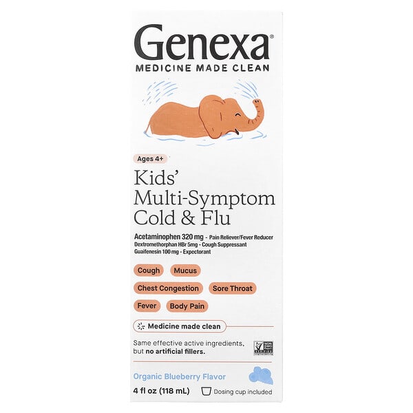 Genexa, Kids' Multi-Symptom Cold & Flu, Ages 4+, органик нэрс, 4 fl oz (118 ml)